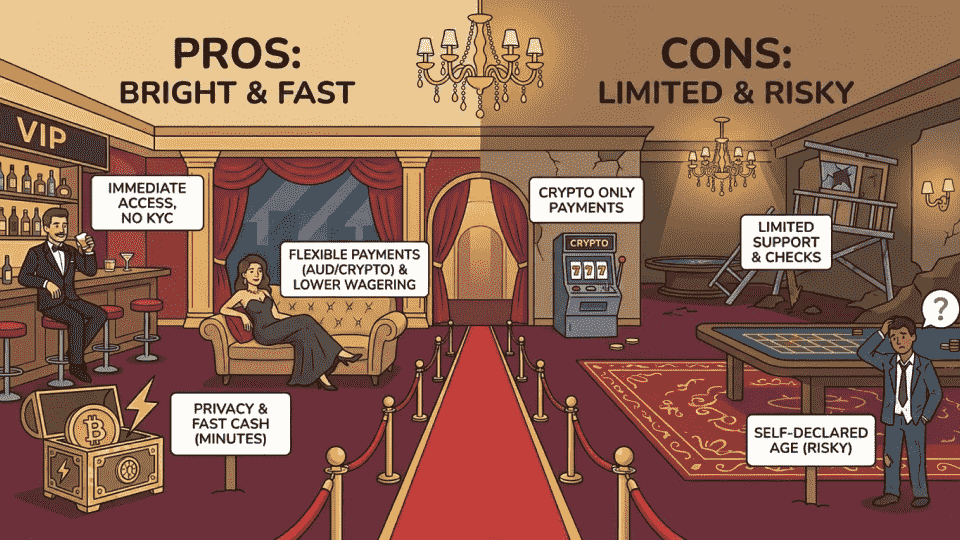 Pros and cons of no verification casino platforms for Australian players